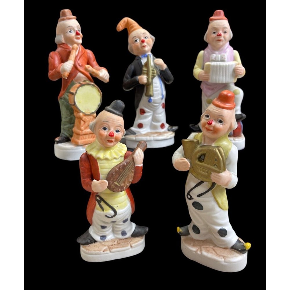Vintage Unbranded Figurine Circus Clown Musicians Lot of 5 Made in Korea 6" Tall